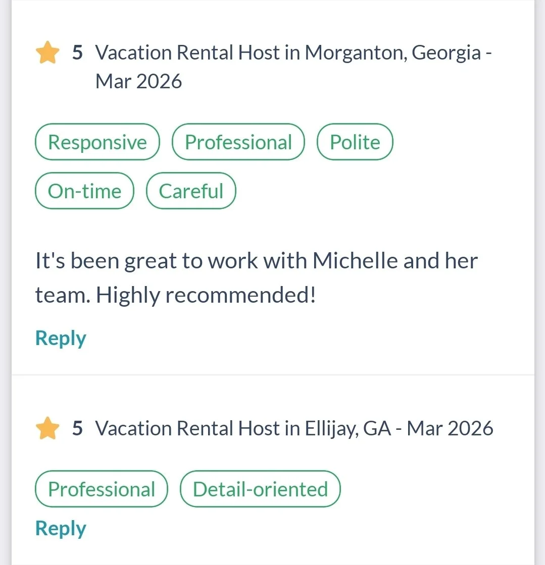 Screenshots of reviews for vacation rental hosts in Morganton, Georgia, and Ellijay, Georgia, from March 2026, showing positive feedback and tags like responsive, professional, polite, on-time, careful, and detail-oriented.