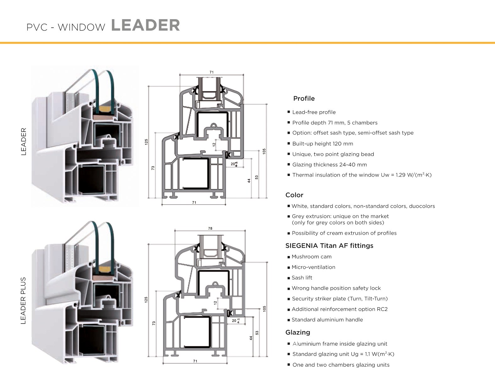 Image of PVC window profiles labeled 'LEADER' and 'LEADER PLUS', with detailed specifications including profile depth, glazing thickness, thermal insulation, color options, and fittings. Includes technical drawings and measurements for each profile.