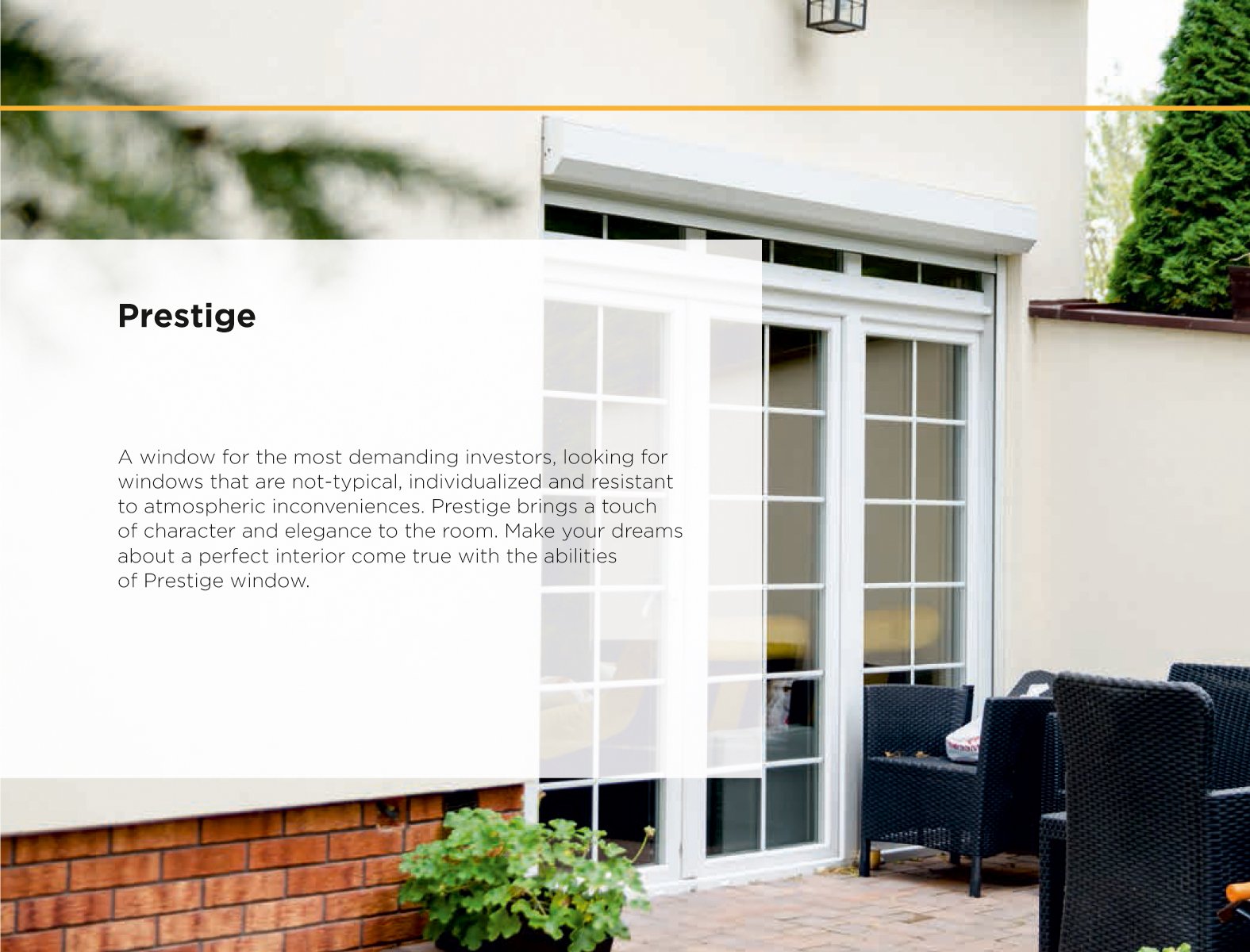 Sliding glass doors with white frames, opening to an outdoor patio area with wicker chairs. Text on the left describes "Prestige" windows, emphasizing individuality, resilience, and elegance.