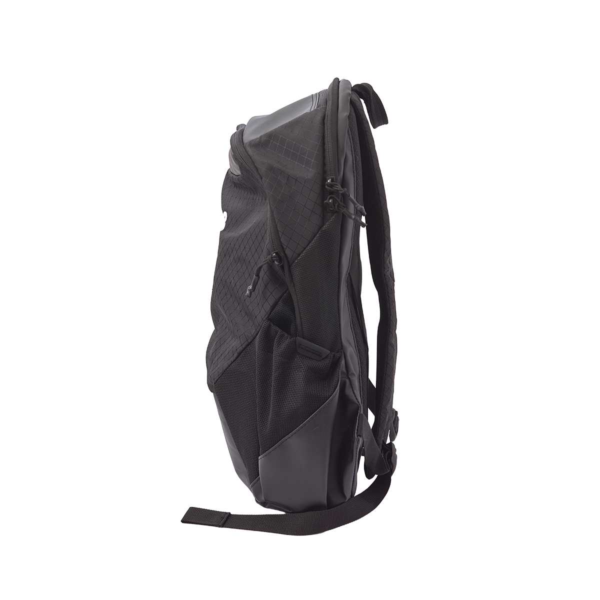 Side view of a black and gray backpack with multiple compartments, mesh pockets, and adjustable straps.