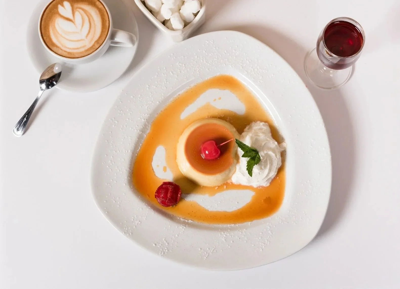 Food styling: flan with caramel sauce