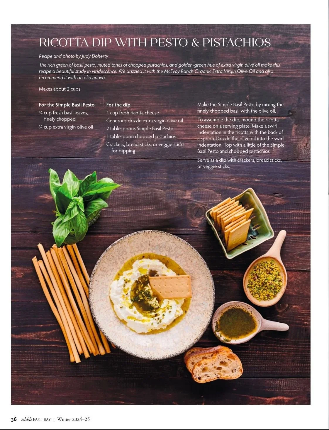 Edible East Bay magazine page, ricotta dip with pesto and pistachios