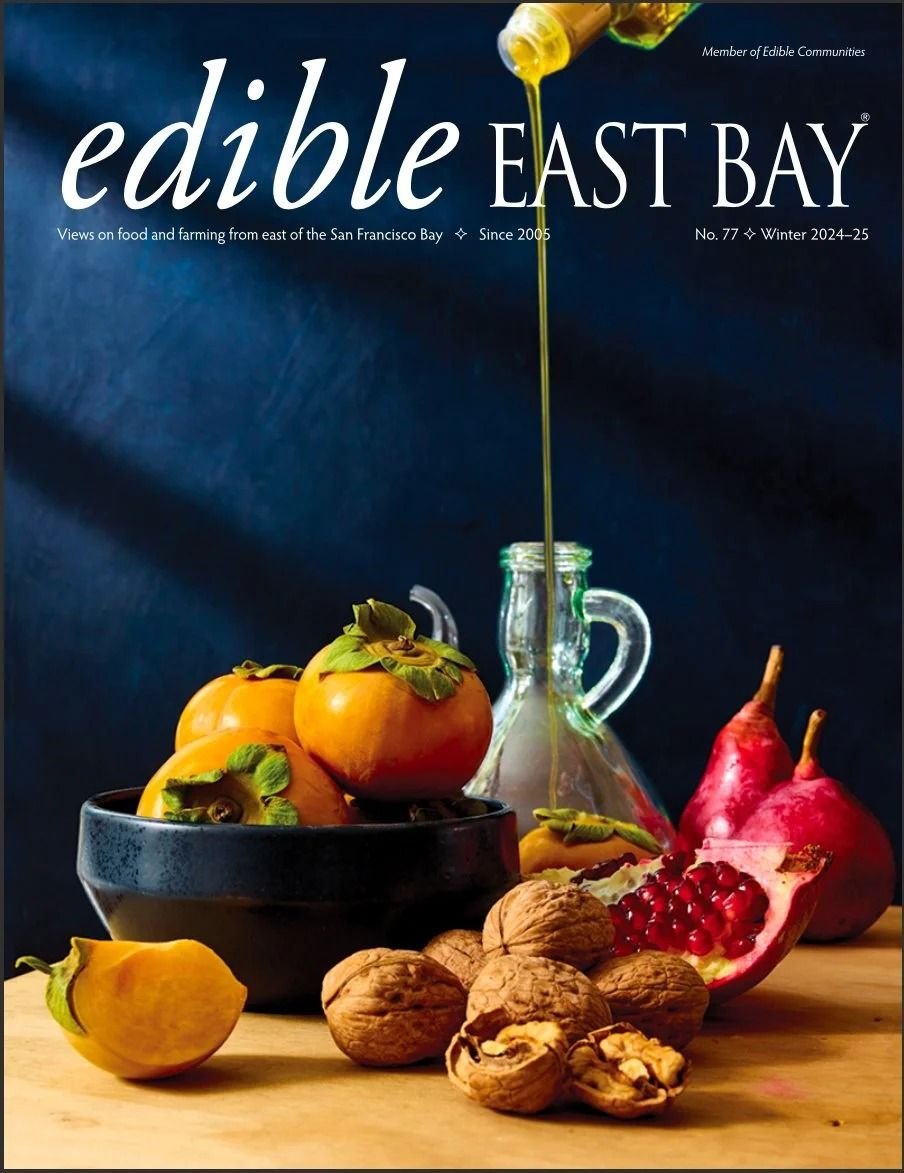 Edible East Bay magazine cover with persimmons, walnuts and olive oil, editorial food photography by Judy Doherty