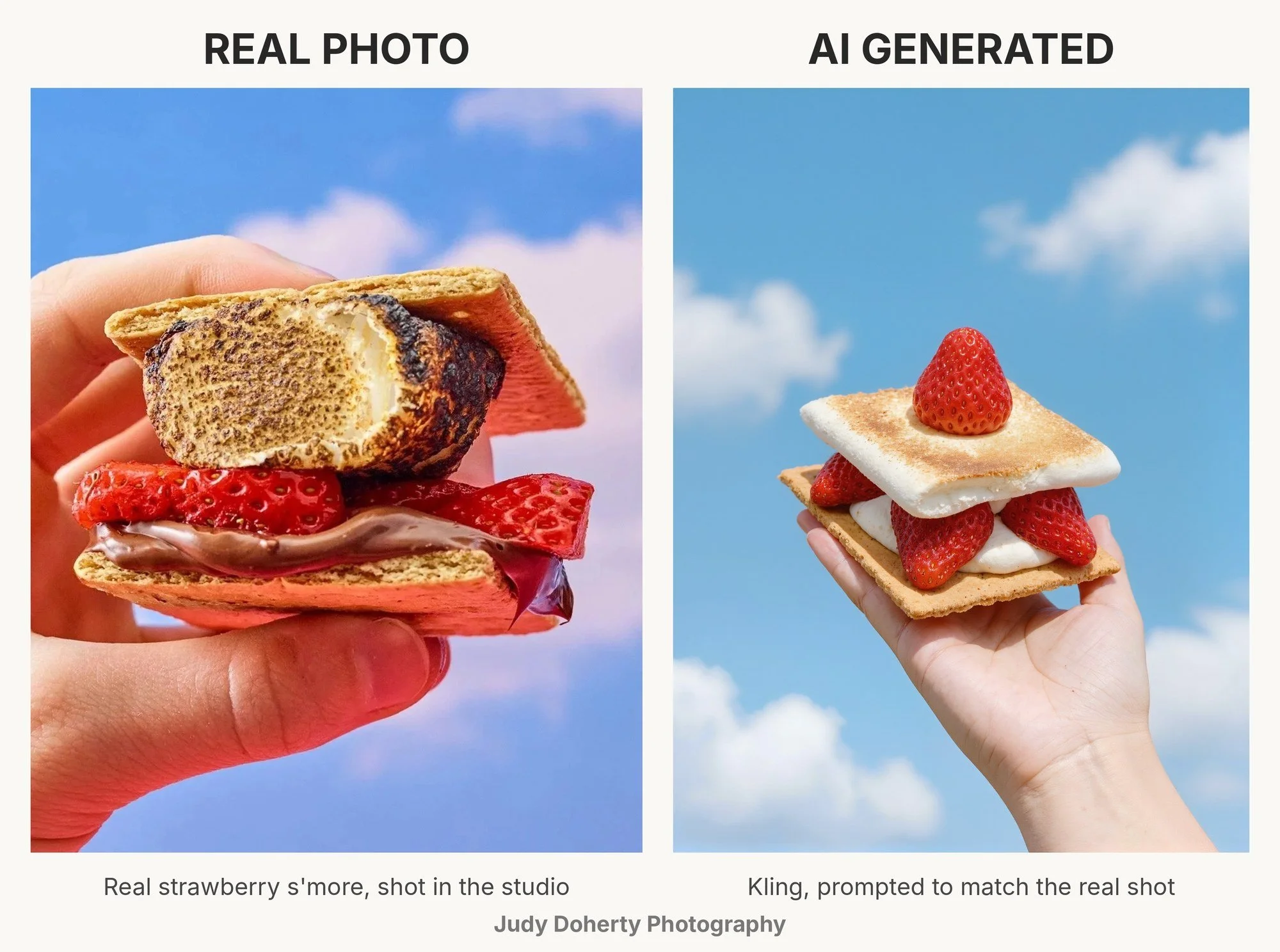 Real vs AI food photography: real strawberry s'more with charred marshmallow and melted chocolate next to an AI-generated s'more