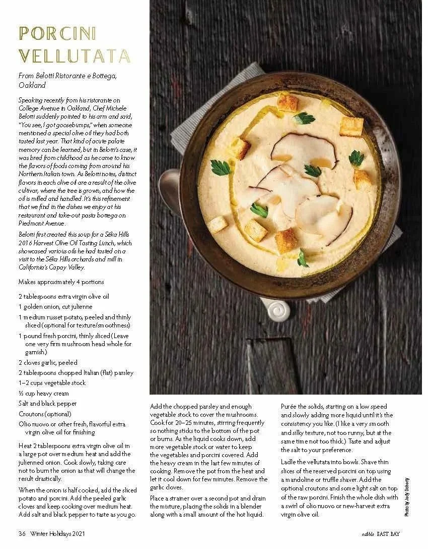 Magazine page, porcini vellutata soup in a skillet