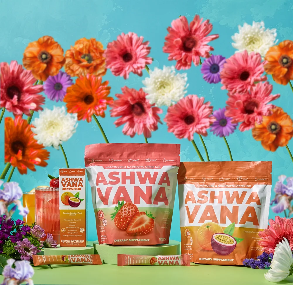 Ashwavana pouches with colorful flowers on blue, CPG photography