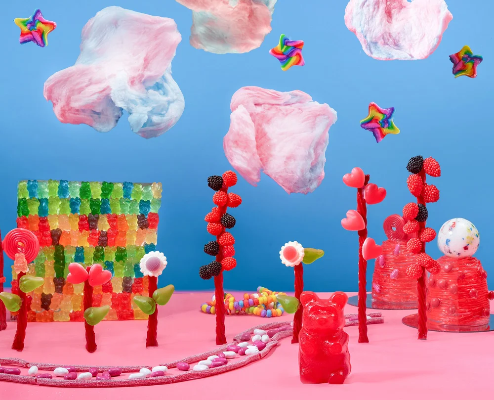 Candy land set built with gummy bears and cotton candy clouds