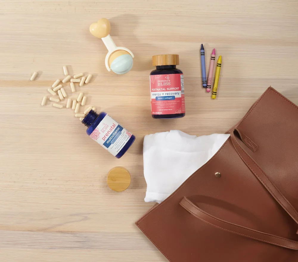 Mommy Bliss products with a bag, supplement lifestyle photography