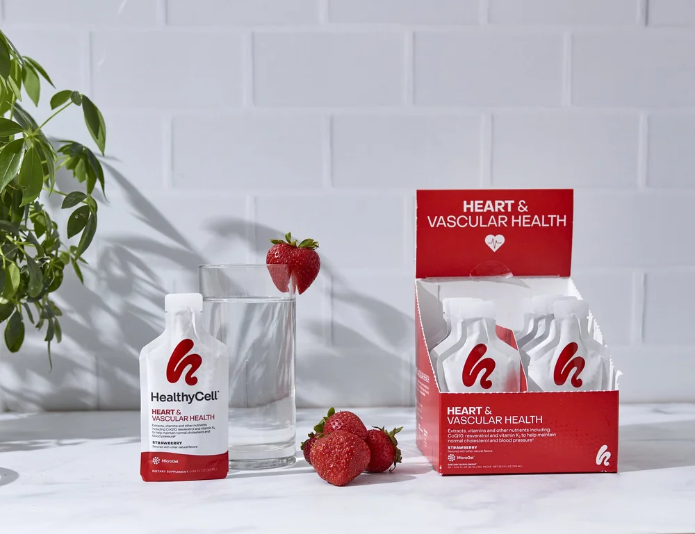 Strawberry supplement boxes with fruit, supplement photography
