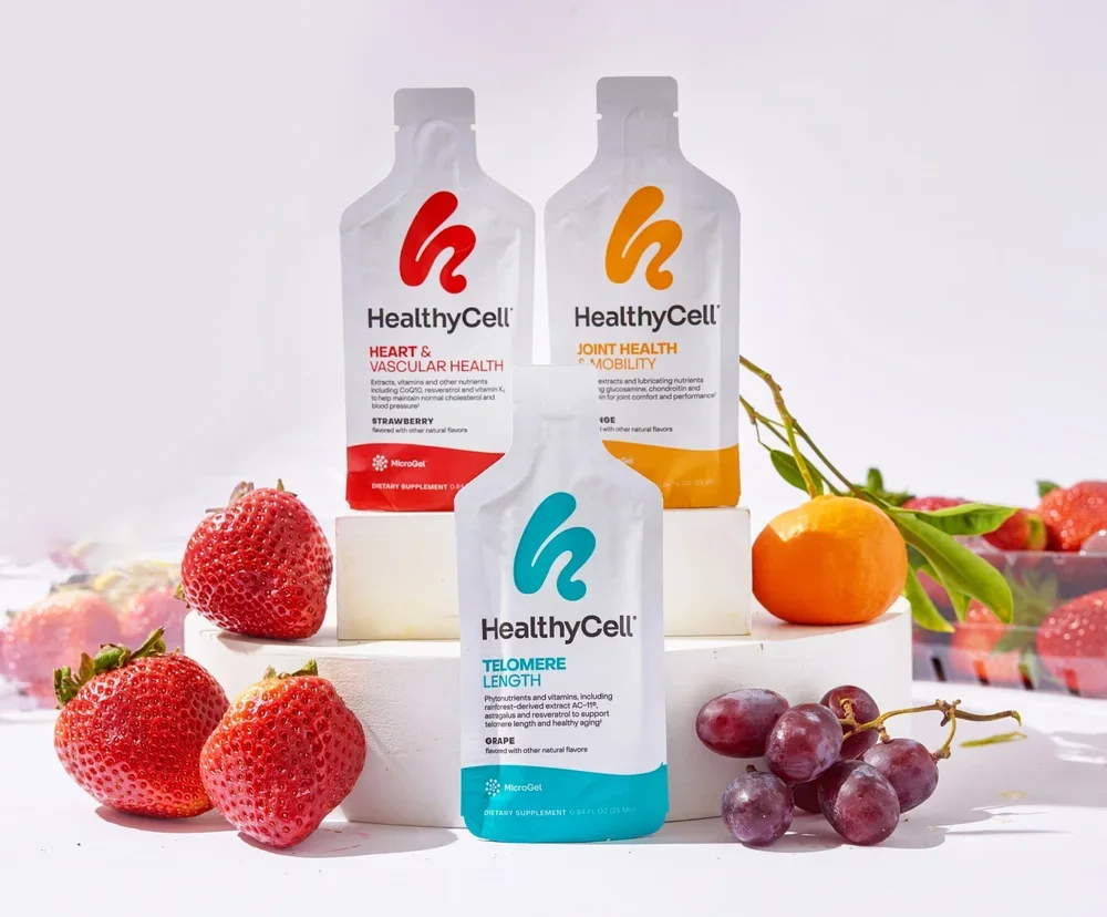 Healthy Cell packets with fruit, supplement photography