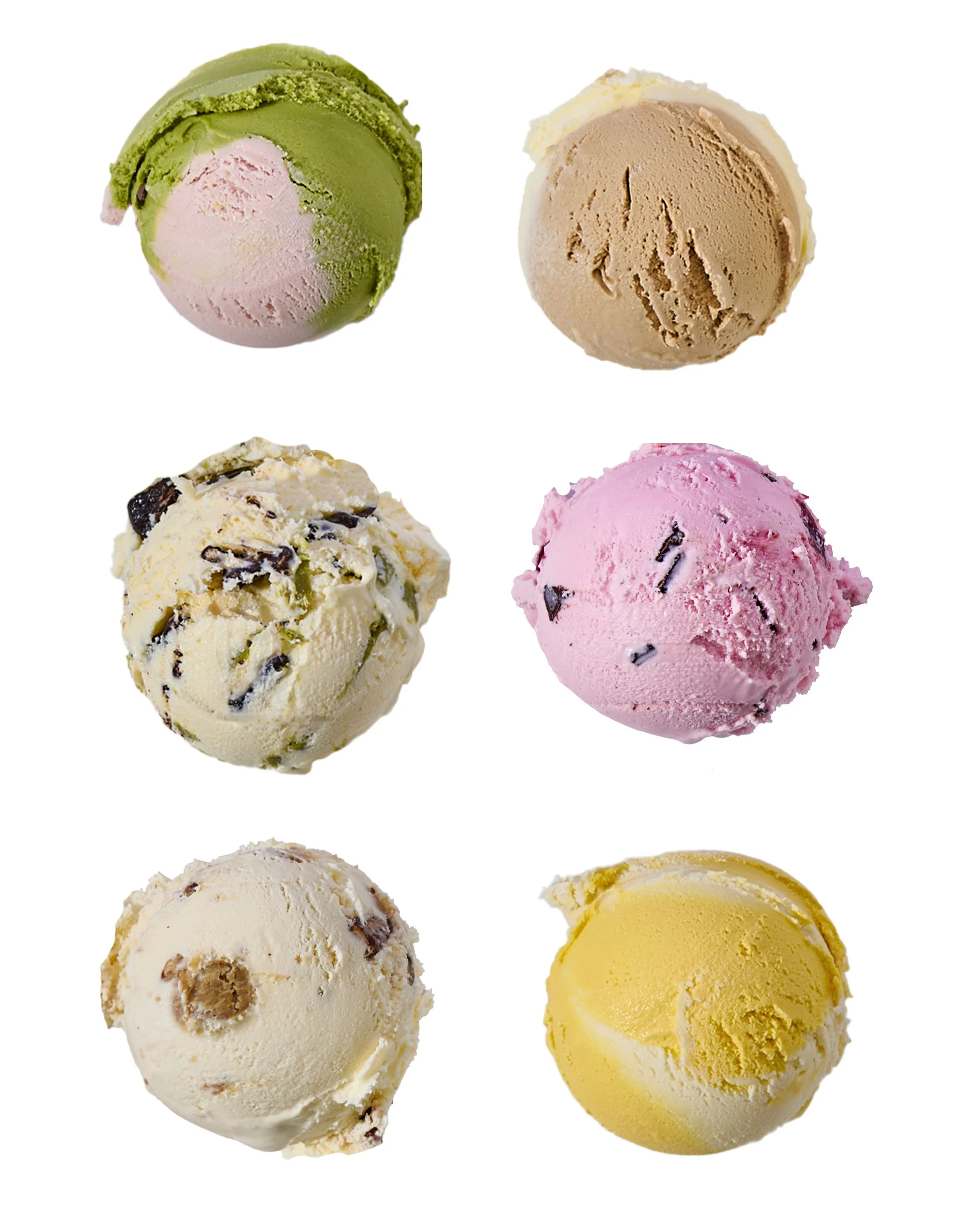 Six scoops of ice cream in various flavors and colors on a white background.