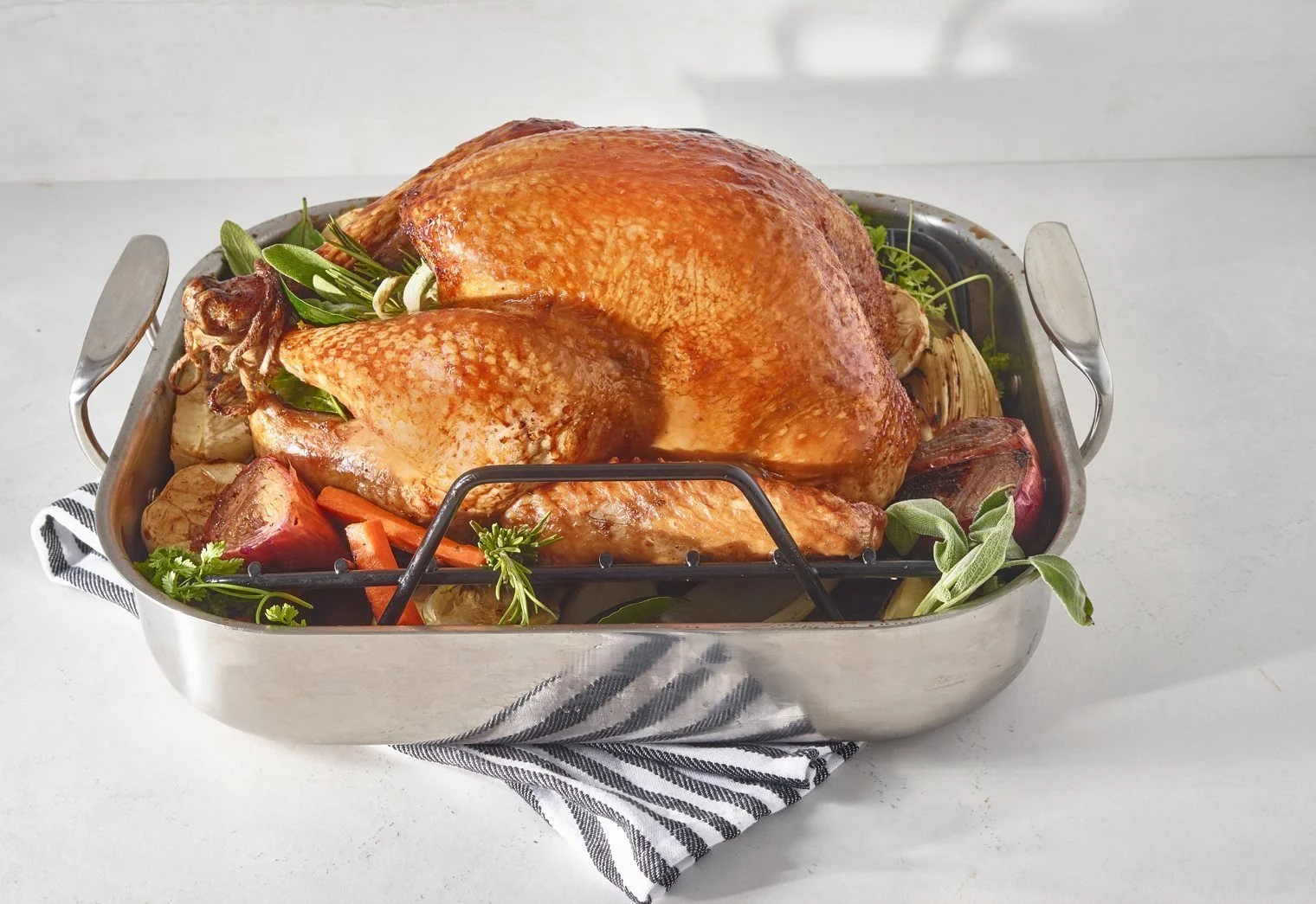 Food styling: roast turkey in a roasting pan with herbs