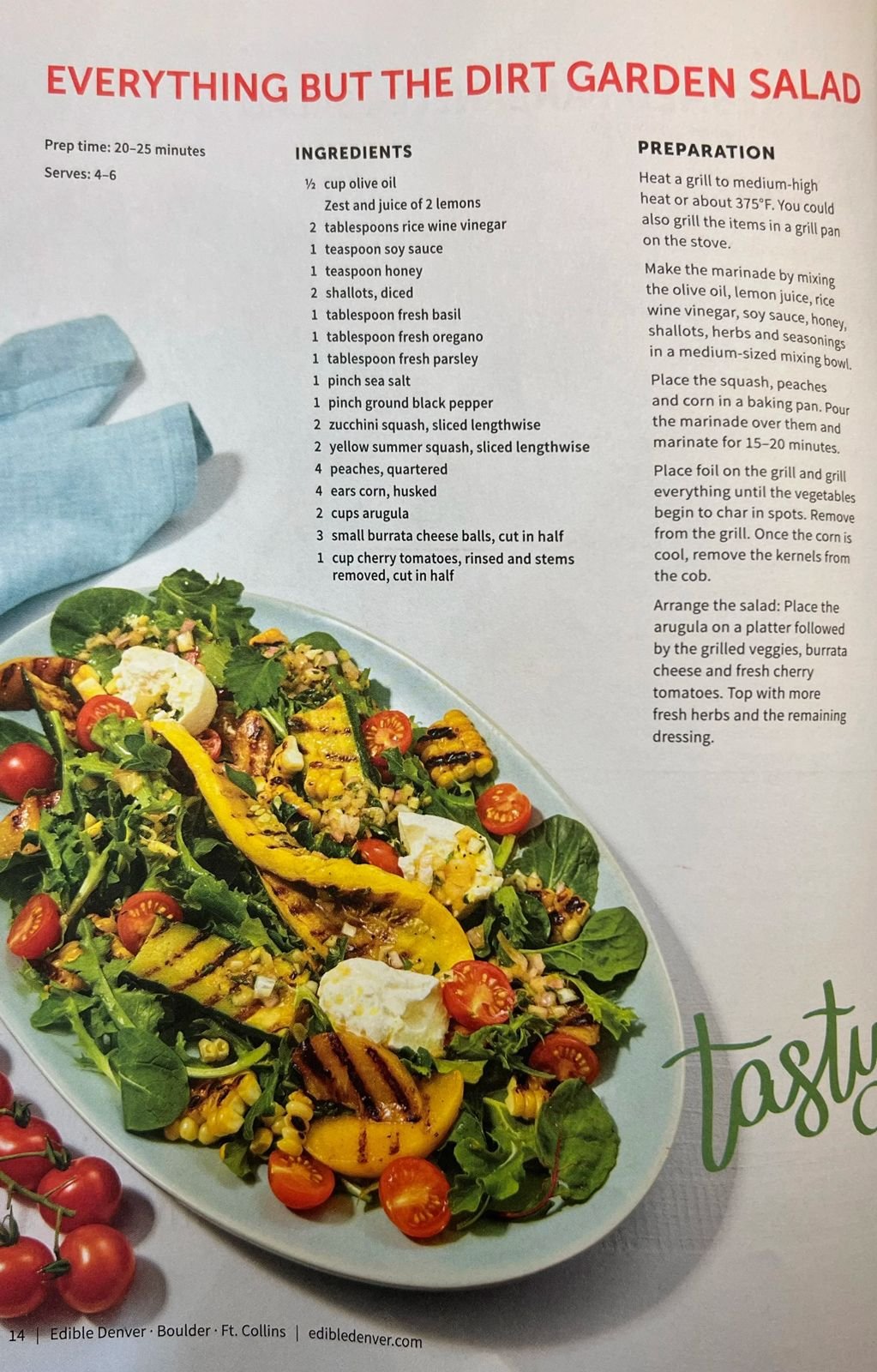 Edible Denver magazine page, everything but the dirt garden salad