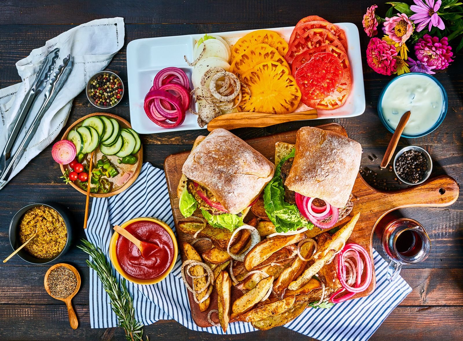 Edible East Bay veggie burgers with farmers market toppings, editorial food photography