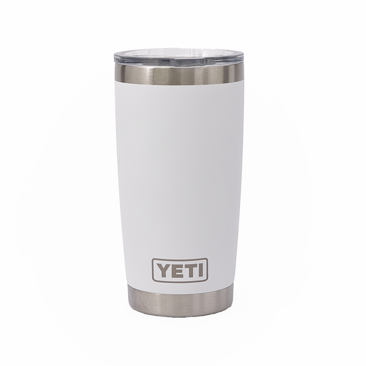 White YETI travel mug with stainless steel accents and a transparent lid, set against a white background.