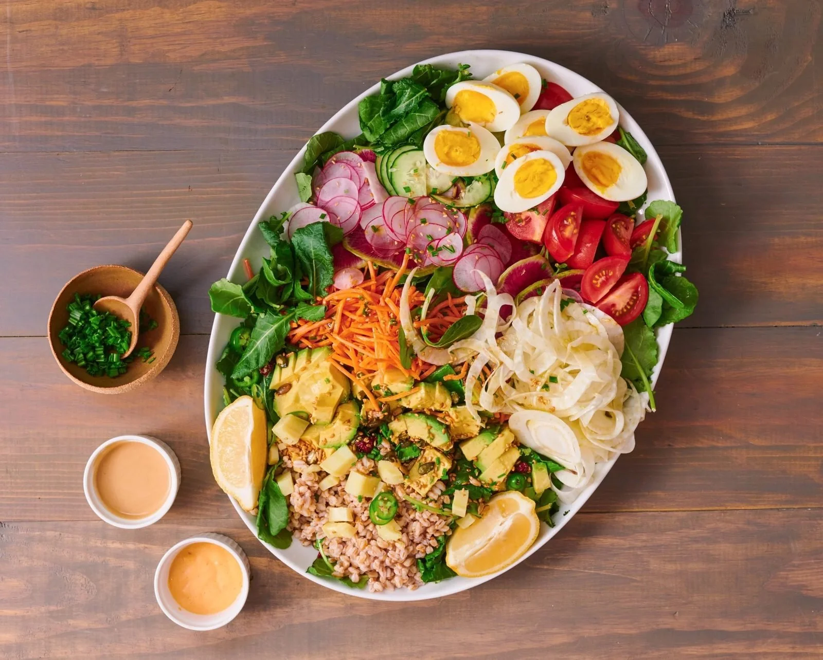 Food styling: composed salad platter with eggs and vegetables