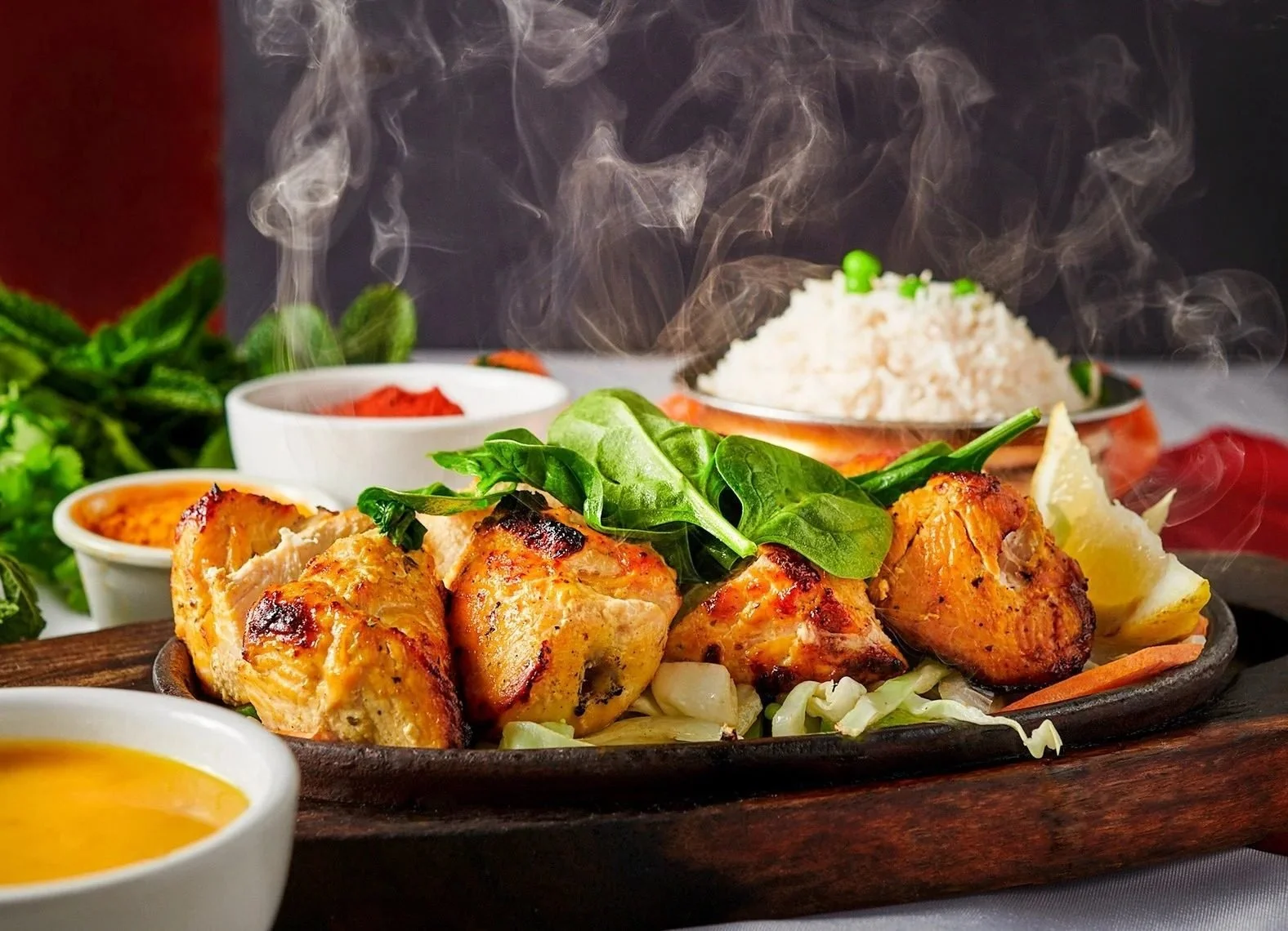 Food styling: sizzling chicken platter with rice