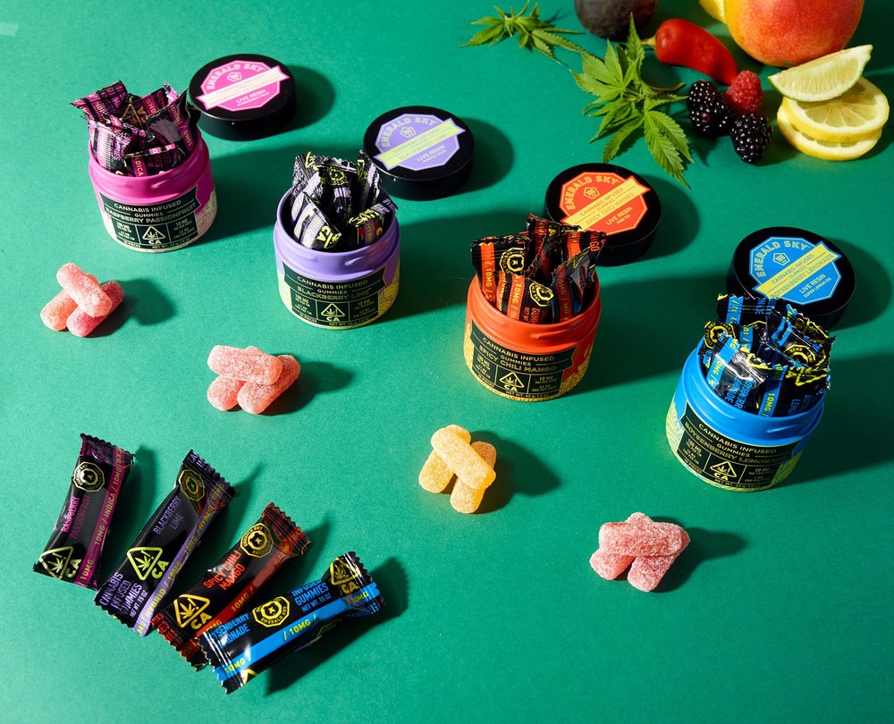 Gummy supplement jars and sticks on teal, supplement photography