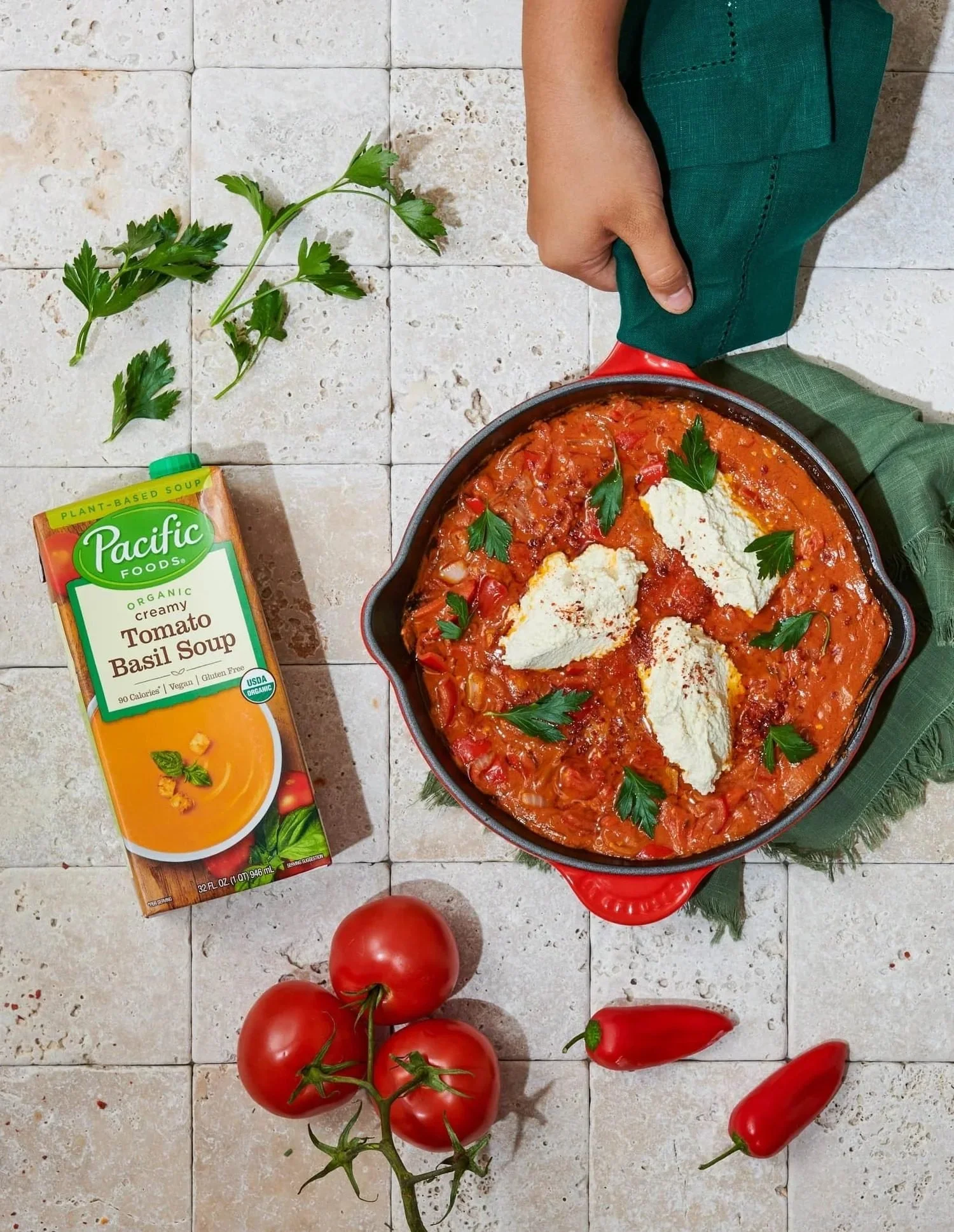 Pacific Foods tomato soup carton with shakshuka in a skillet, CPG recipe photography