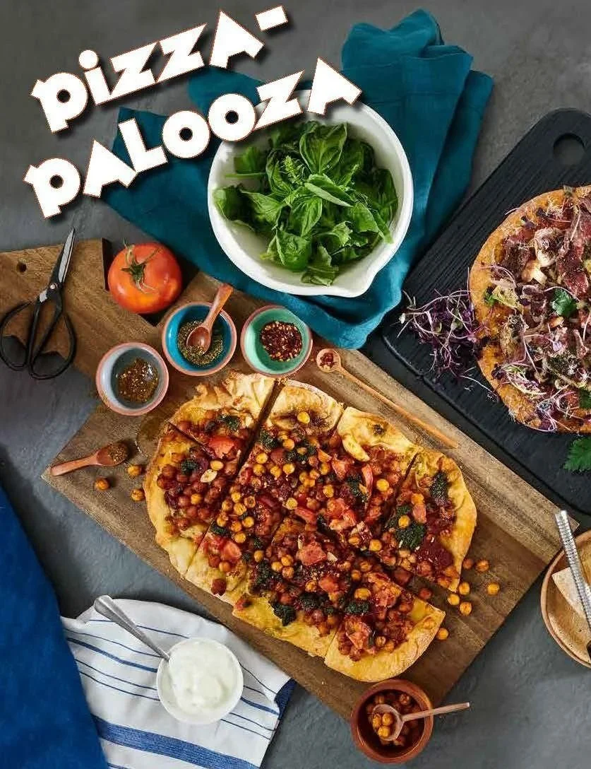 Pizza-Palooza magazine spread with homemade pizzas, left page, recipes and photos by Judy Doherty