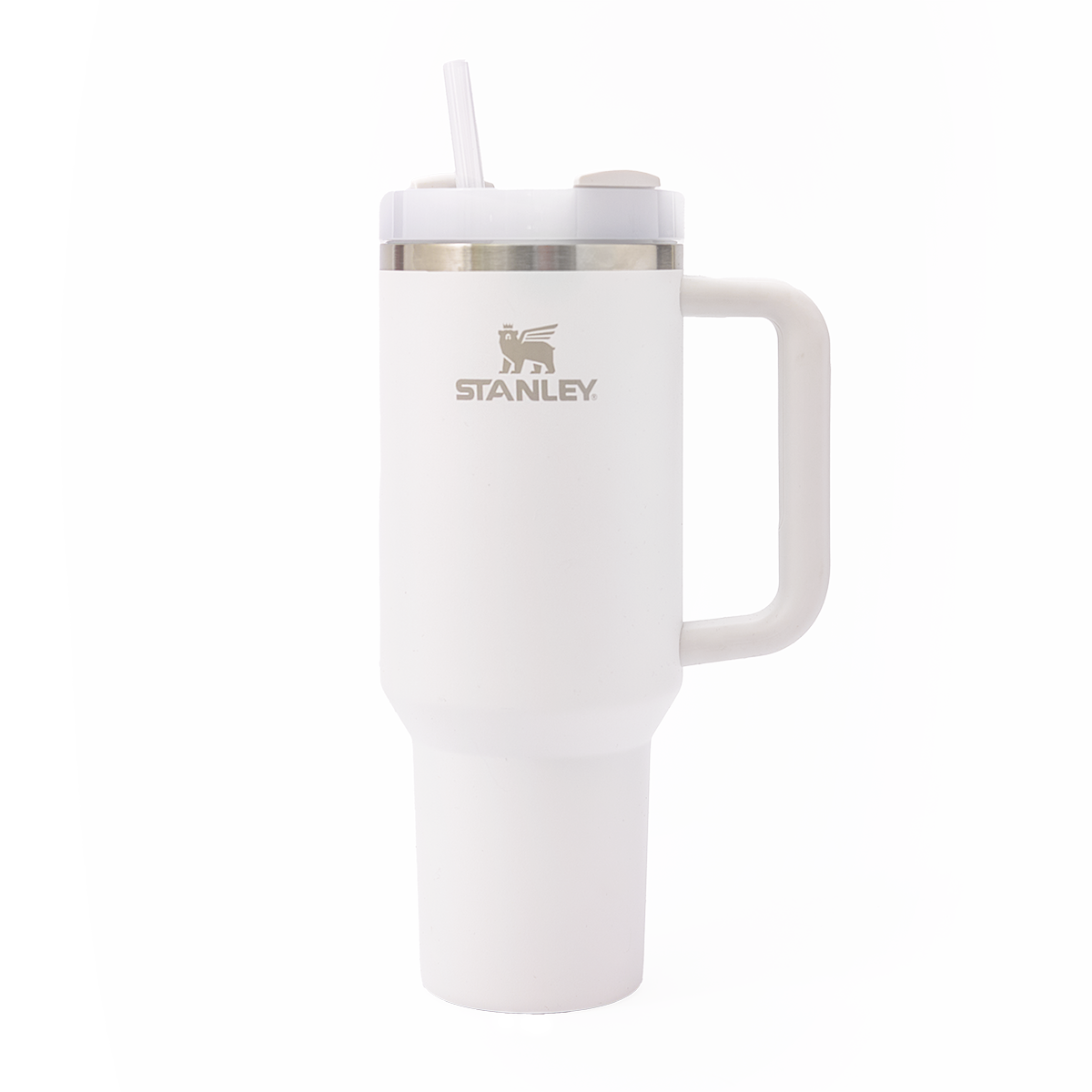 A white Stanley insulated travel mug with a handle, stainless steel band near the top, a straw in the lid, and a white background.