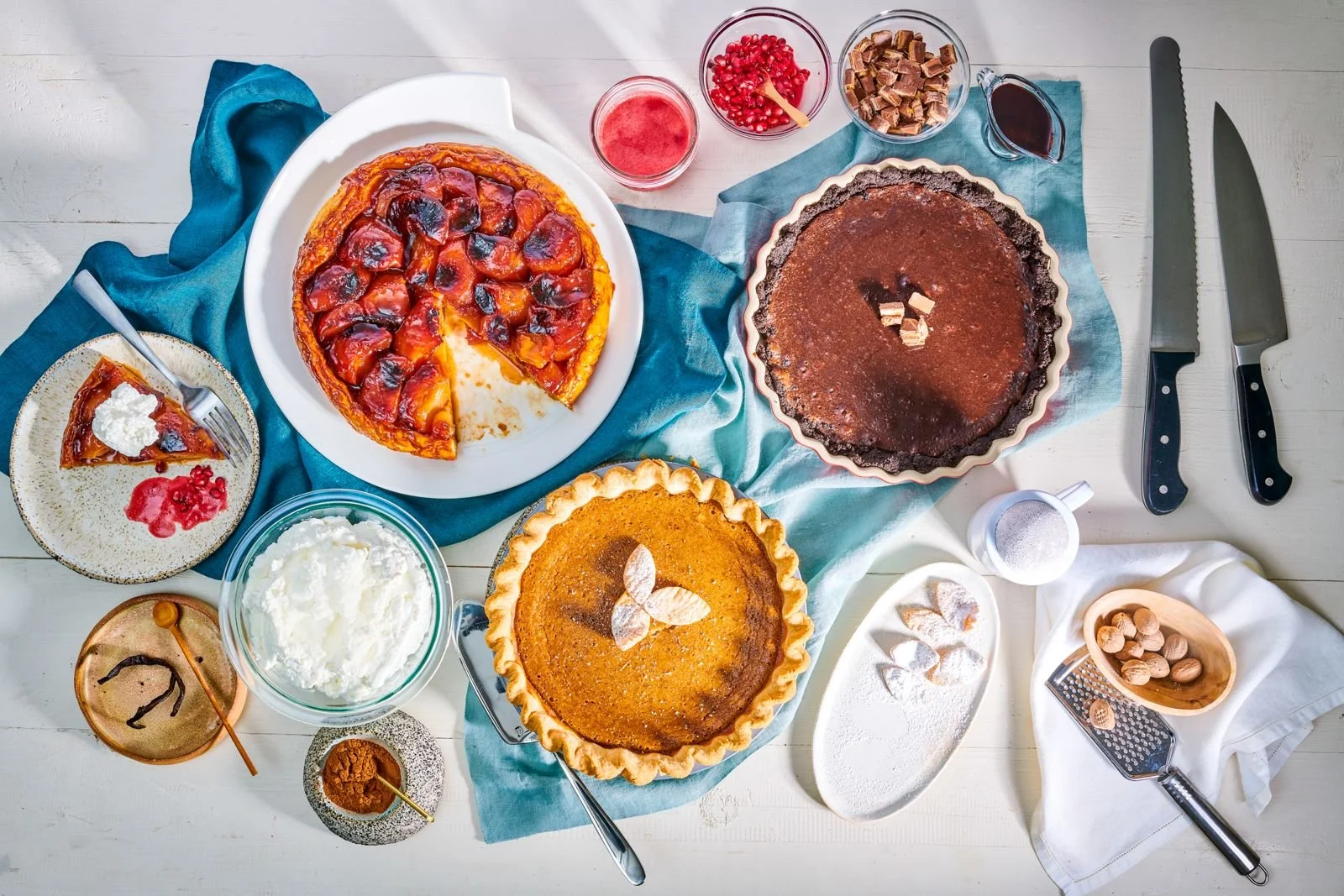 Edible East Bay holiday pies spread from above, editorial food photography
