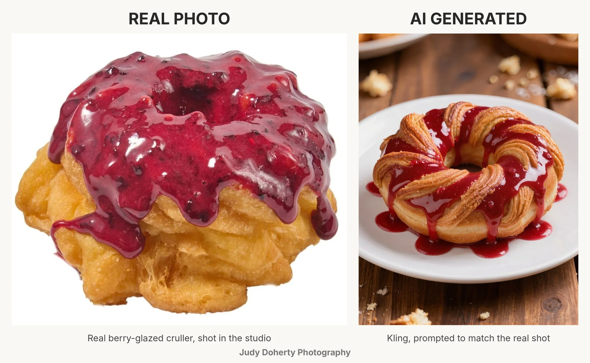 Real vs AI food photography: real berry-glazed French cruller with dripping glaze next to an AI-generated twisted pastry ring