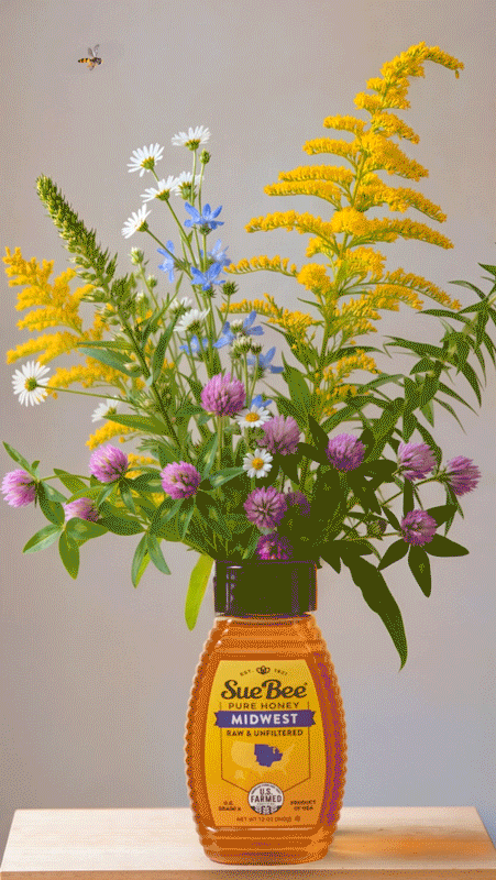 Bottle of honey with the flowers that makes it growing out of it like a vase with a bee in a stop motion