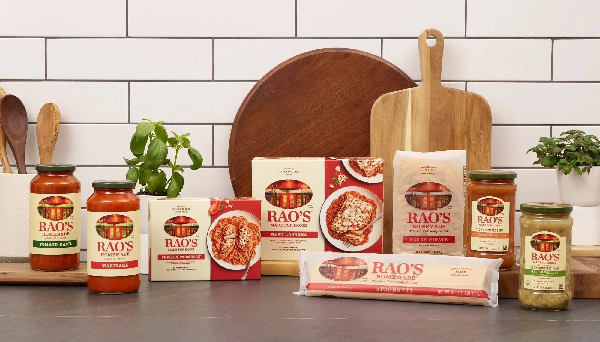 Rao's pasta sauce and pasta products lined up in a kitchen, CPG packaging photography