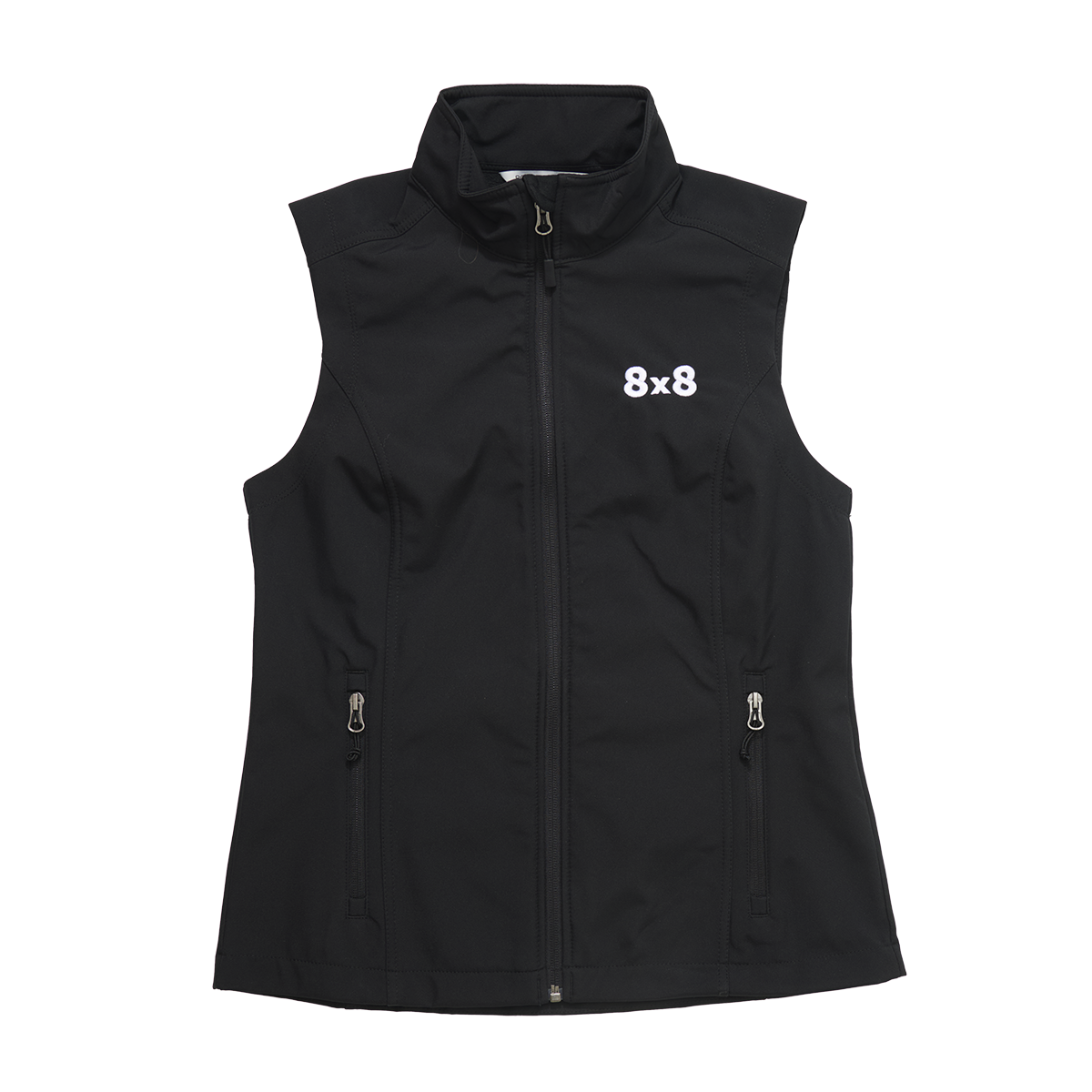 Black sleeveless athletic vest with front zipper and white "8x8" logo on the chest.