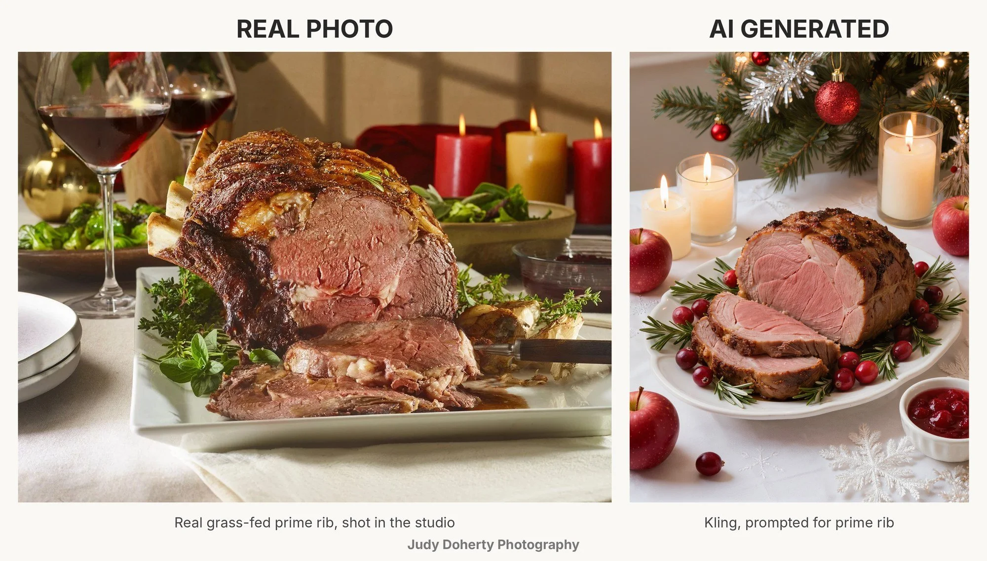 Real vs AI food photography: real grass-fed prime rib roast sliced medium-rare next to an AI-generated roast that looks like ham