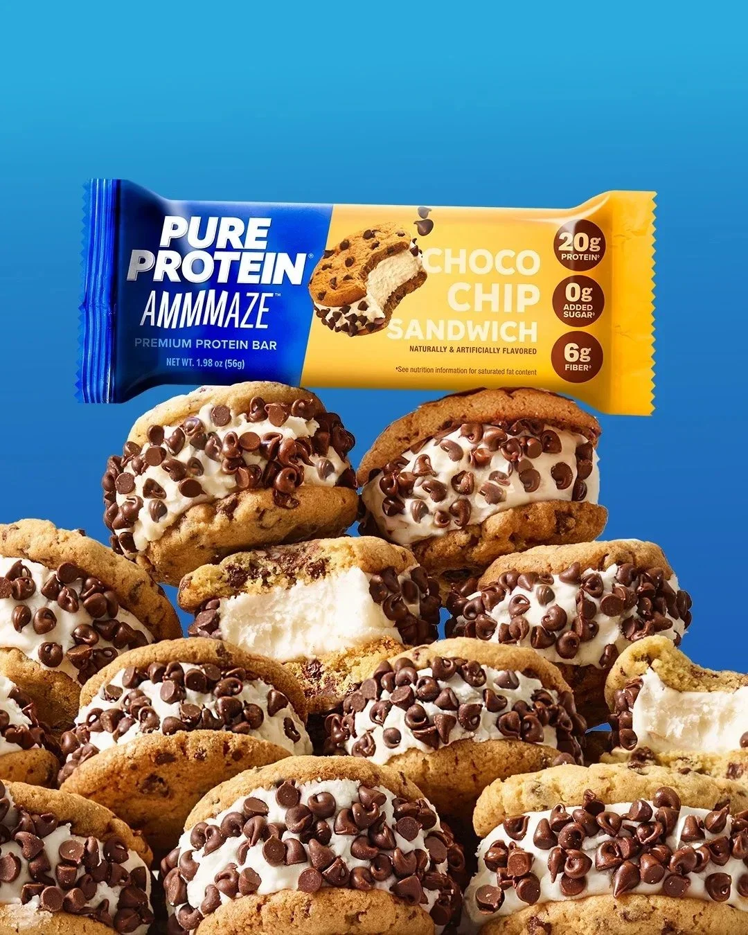 Pure Protein choco chip bar on a stack of ice cream cookie sandwiches, CPG photography