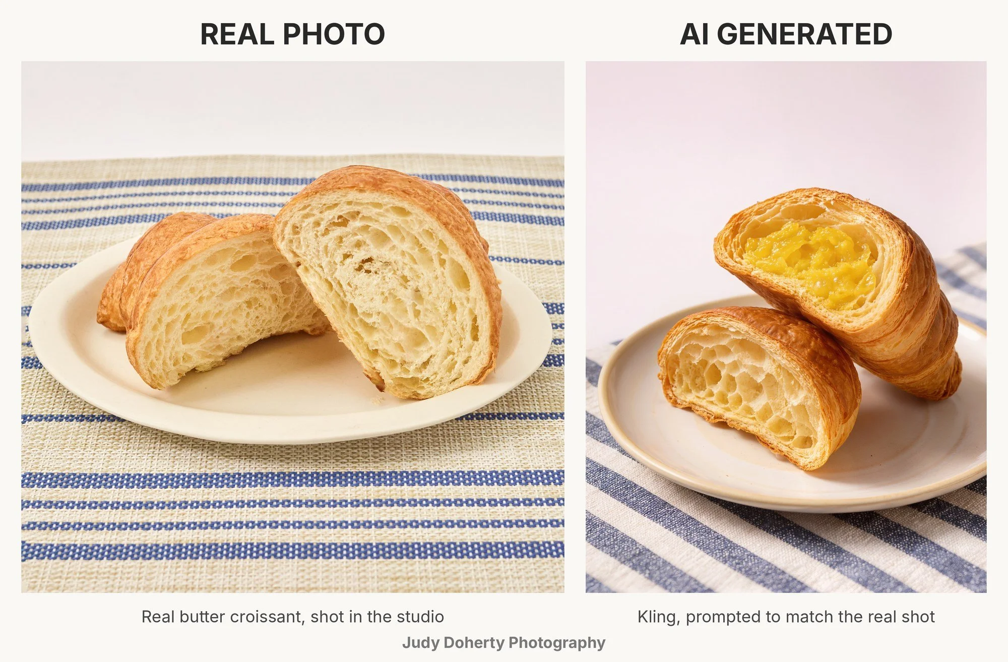 Real vs AI food photography: real torn butter croissant next to an AI-generated croissant with an unwanted yellow filling