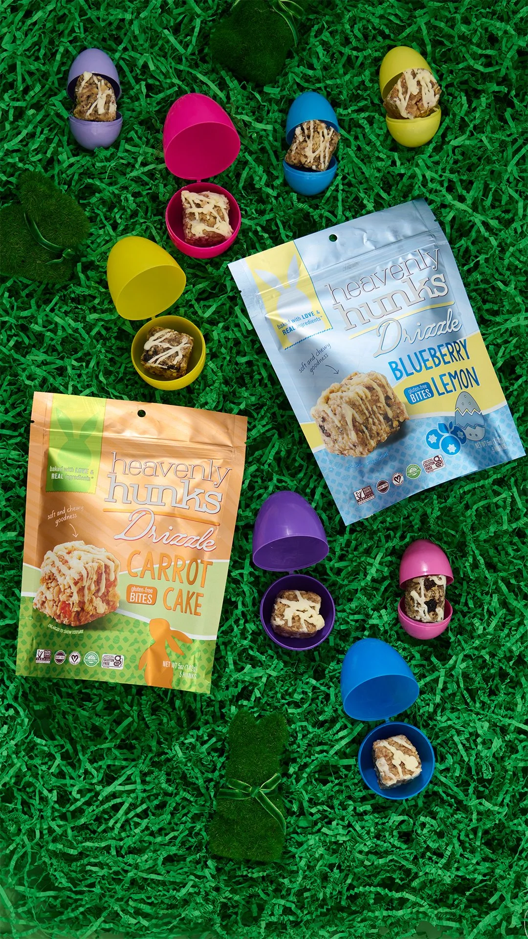 Heavenly Hunks Easter snack bags open on grass with eggs, seasonal CPG photography