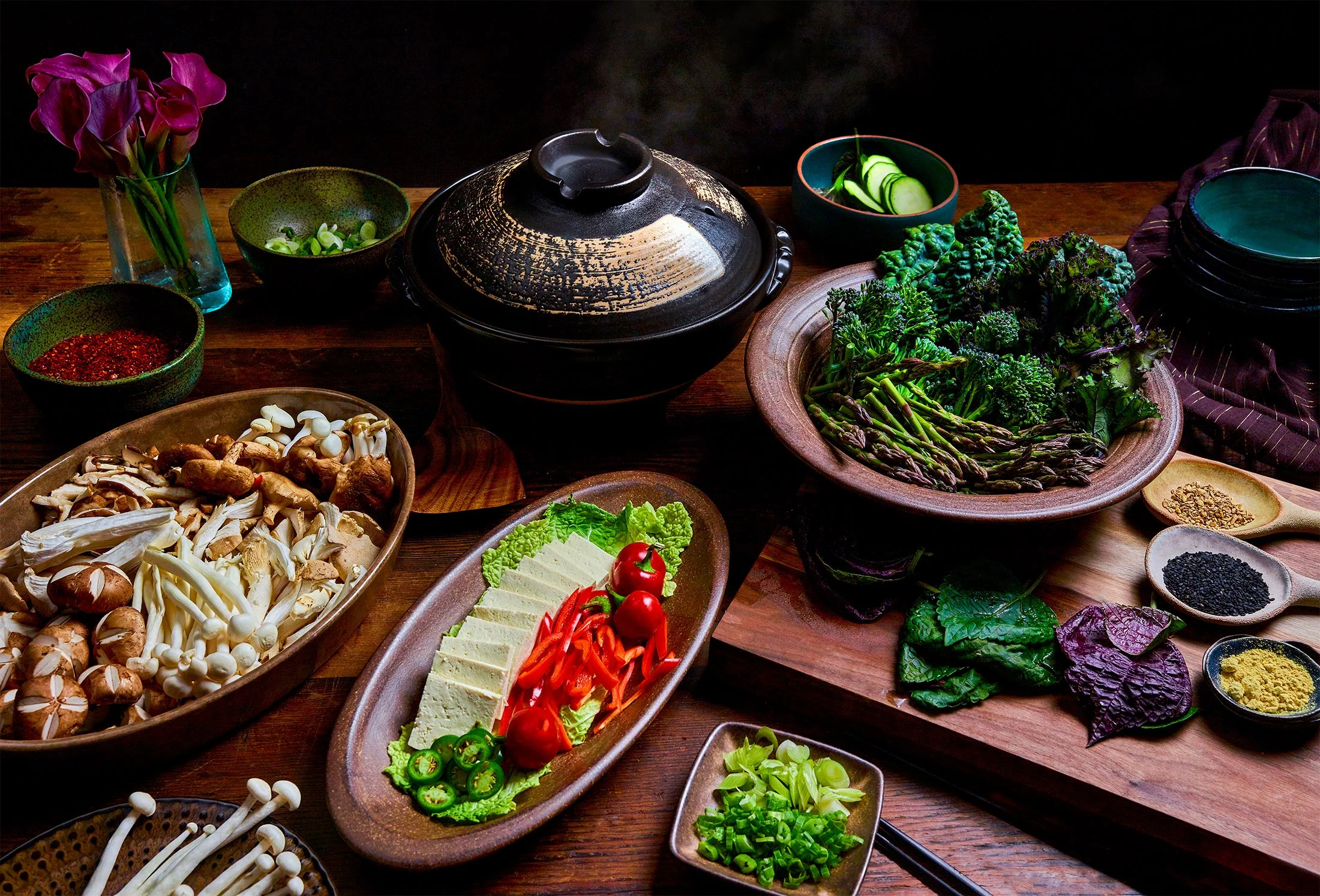 Food styling: Japanese hot pot table with donabe, tofu and vegetables