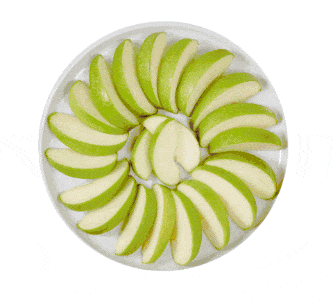 Stop motion GIF of apple slices topped with pretzel and toffee. Animated snack recipe content.