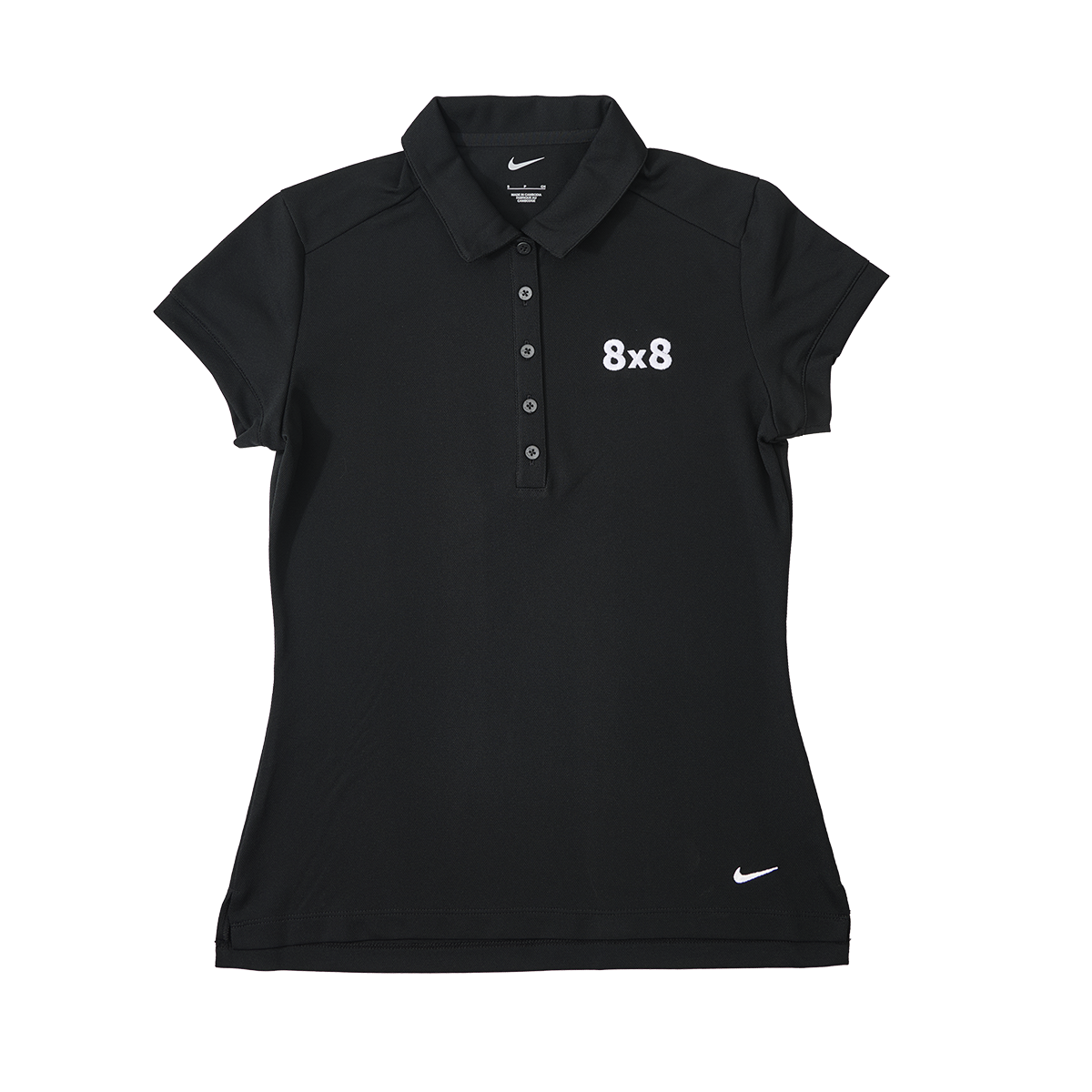 Black Nike women's polo shirt with a small white Nike swoosh logo at the bottom right and '8x8' embroidered on the left chest.