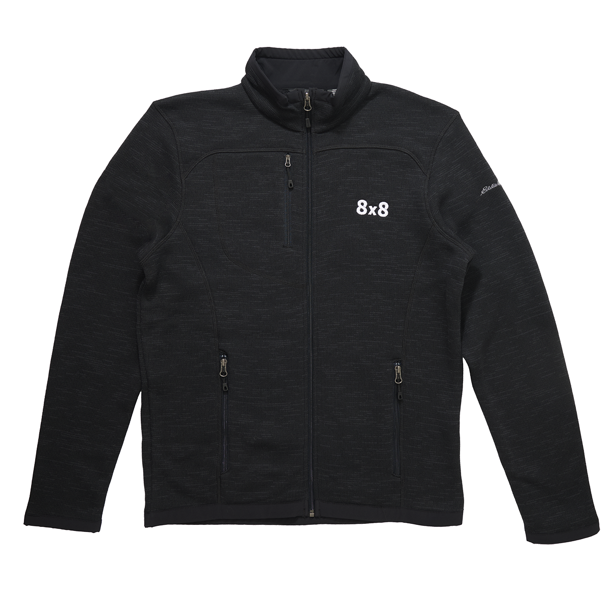 Black zip-up jacket with multiple zipper pockets, a high collar, and white text '8x8' on the front left chest.