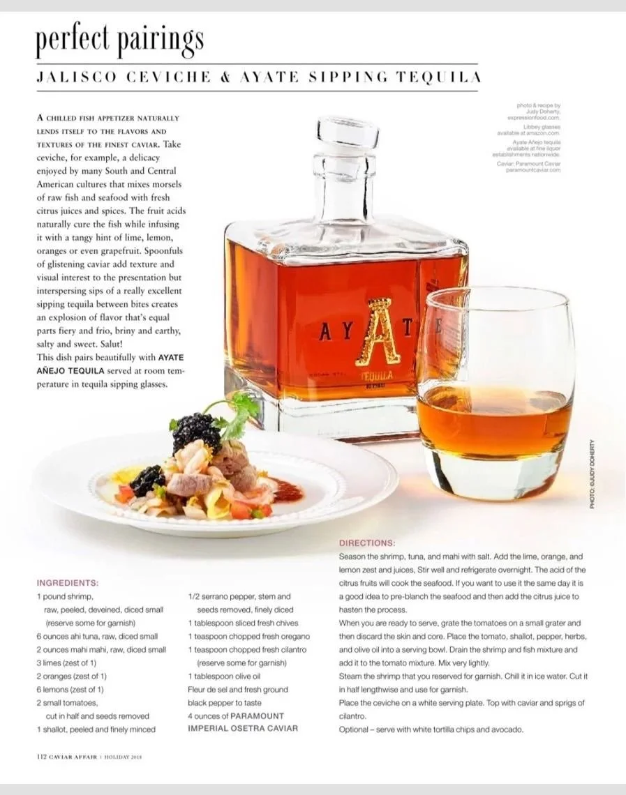 Affair magazine page, ceviche and tequila pairing