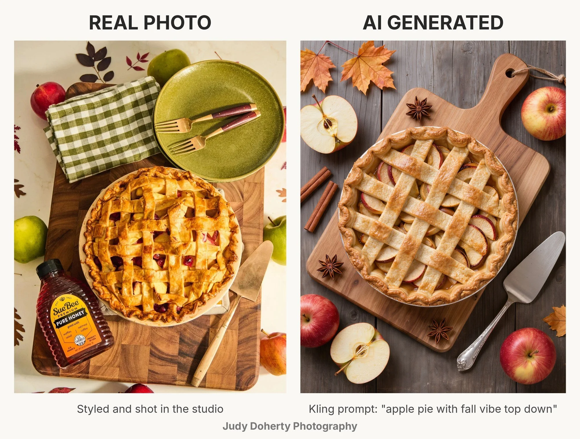 Real vs AI food photography: real apple cranberry lattice pie next to an AI-generated apple pie