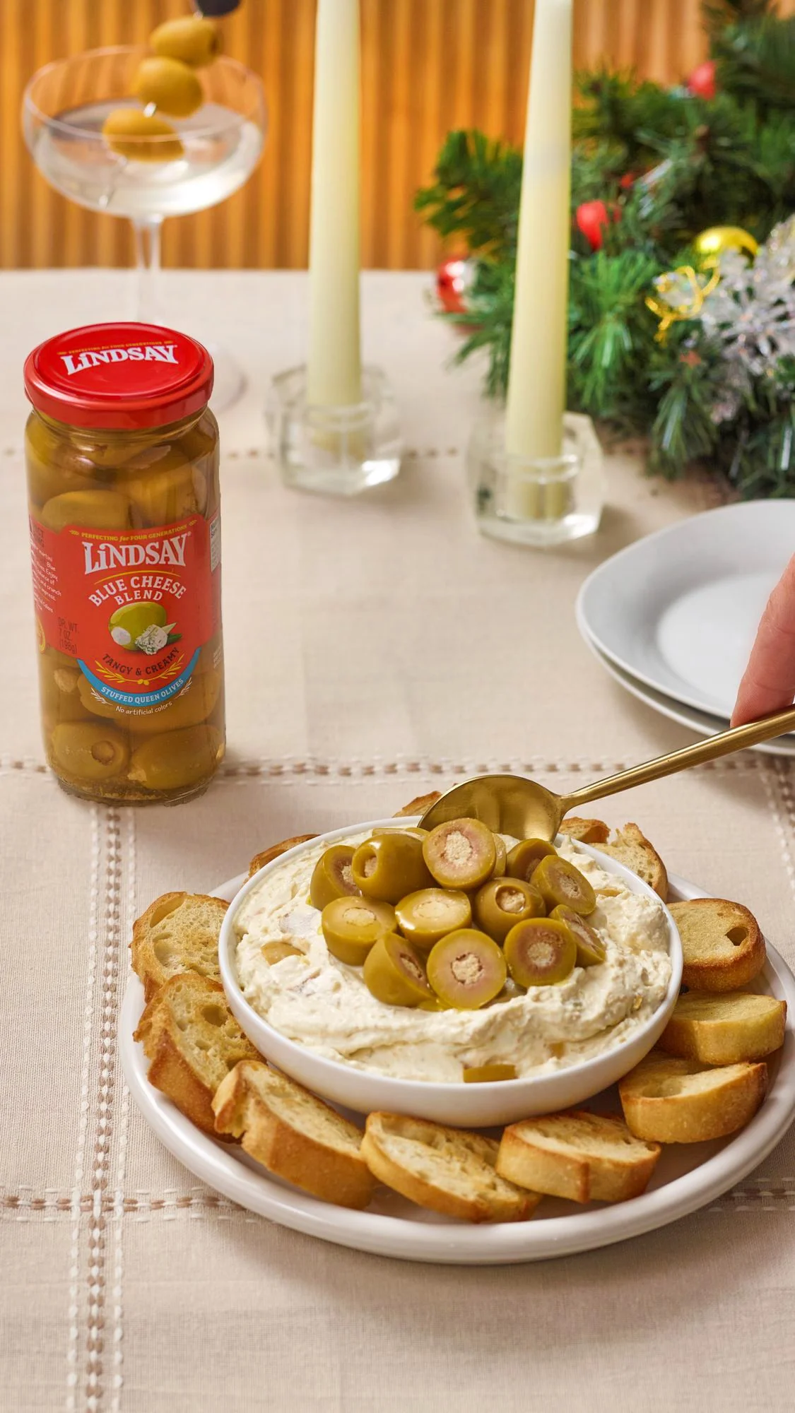 Dirty martini olive dip with Lindsay olives for the holidays. Holiday entertaining recipe photography.