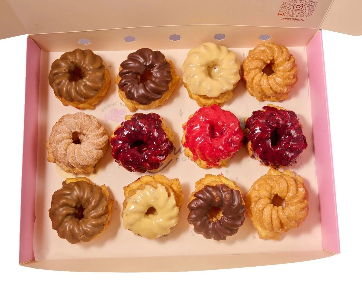 Box of French cruller donuts