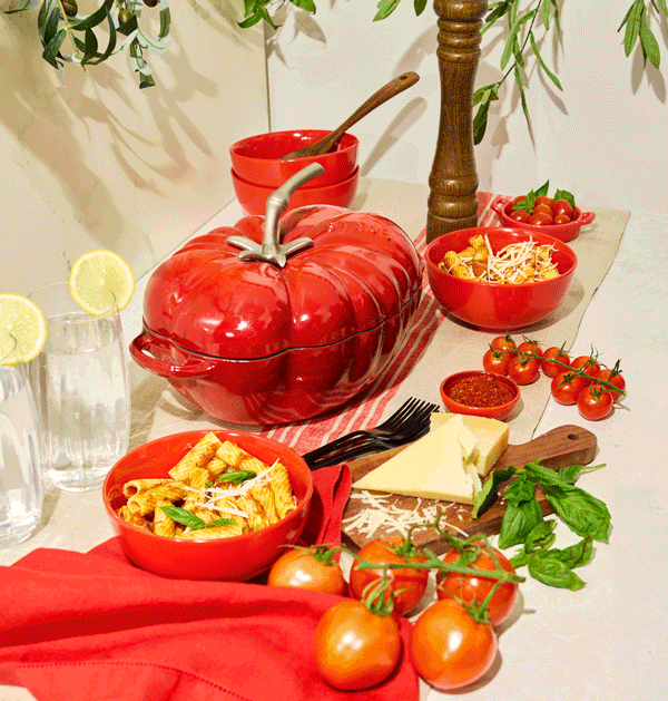 Staub tomato Dutch Oven Pot with elegant pasta dinner gif on how the lid works