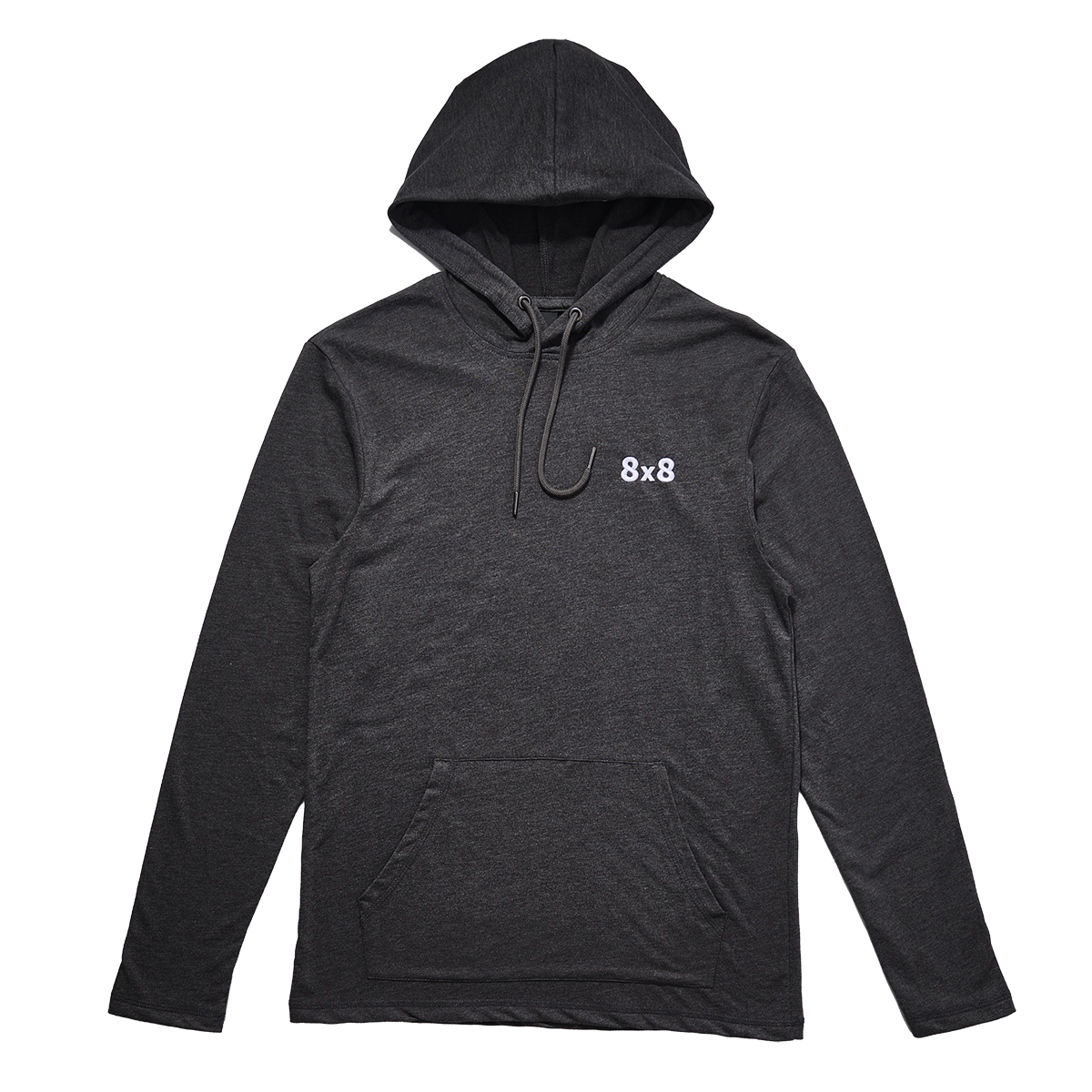 Dark gray hoodie with front pocket and drawstrings, featuring a small white logo that reads '8x8' on the upper left chest area.