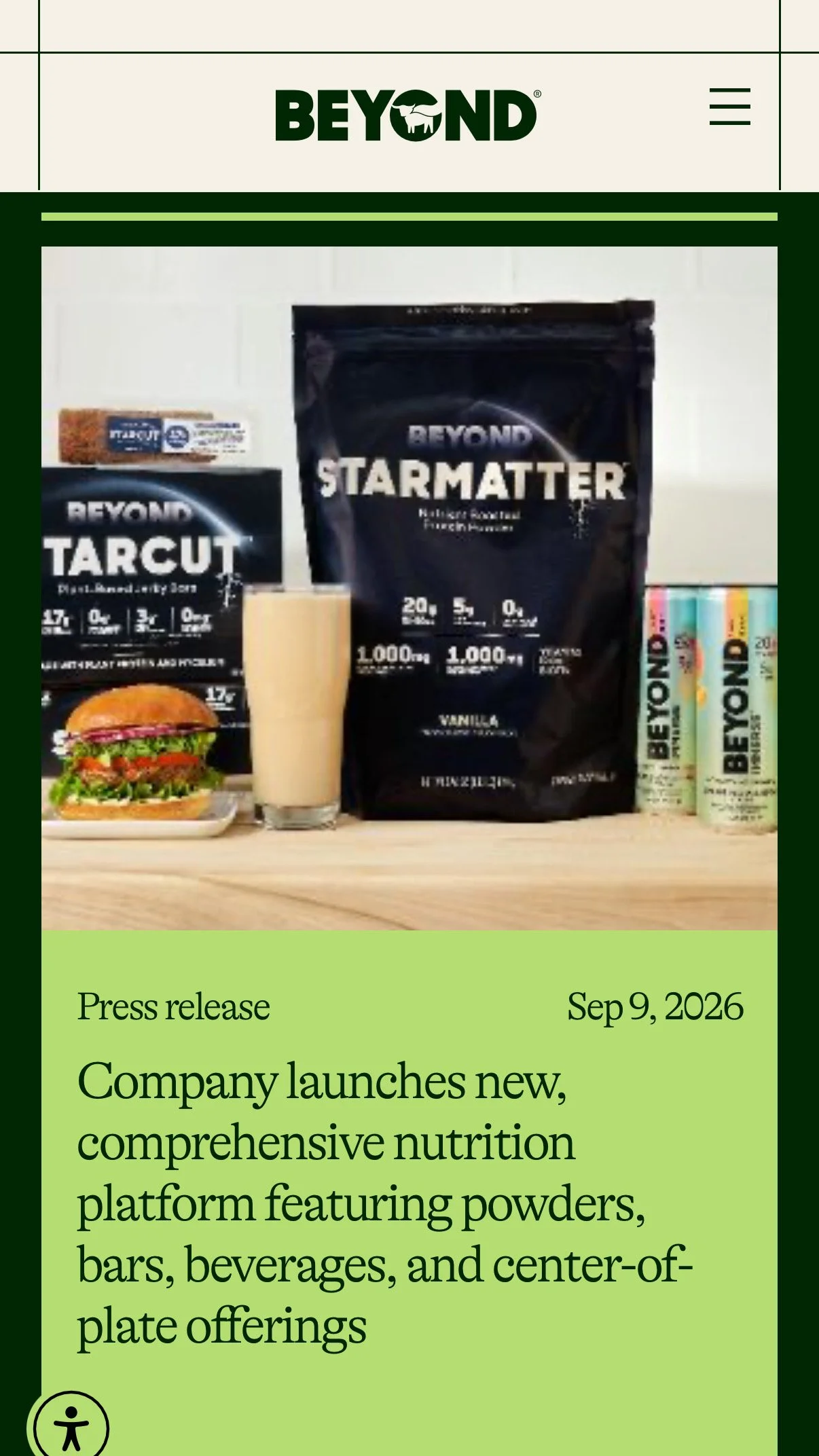 Press release cover page with the headline 'Company launches new, comprehensive nutrition platform featuring powders, bars, beverages, and center-of-plate offerings,' dated September 9, 2026. The image shows various Beyond brand nutritional products,