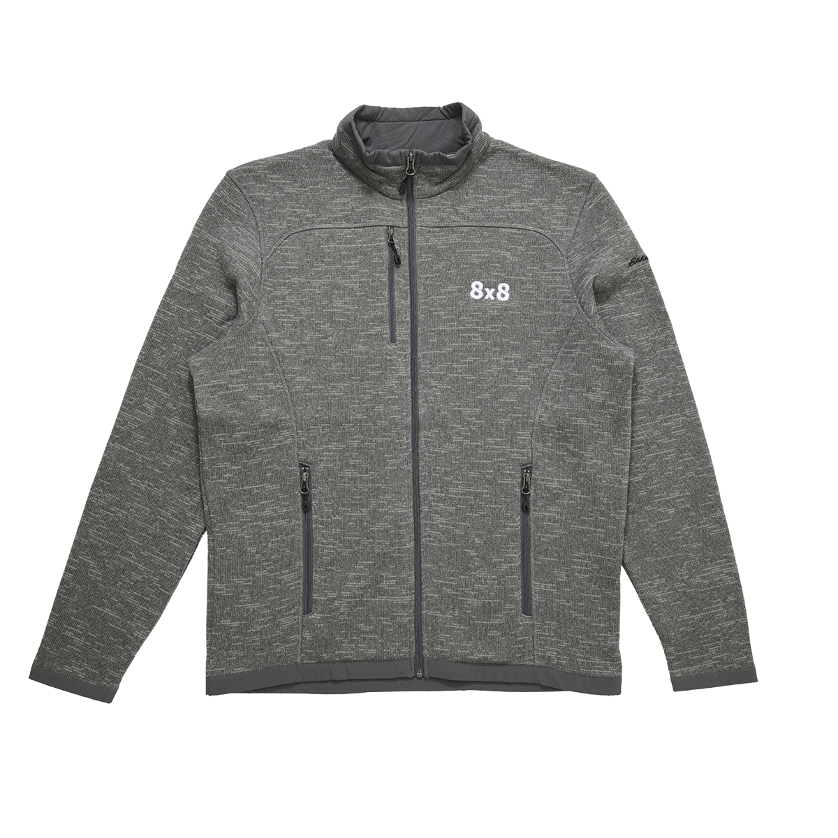 Gray zip-up athletic jacket with black zippers, a high collar, and the text '8x8' printed in white on the left chest.