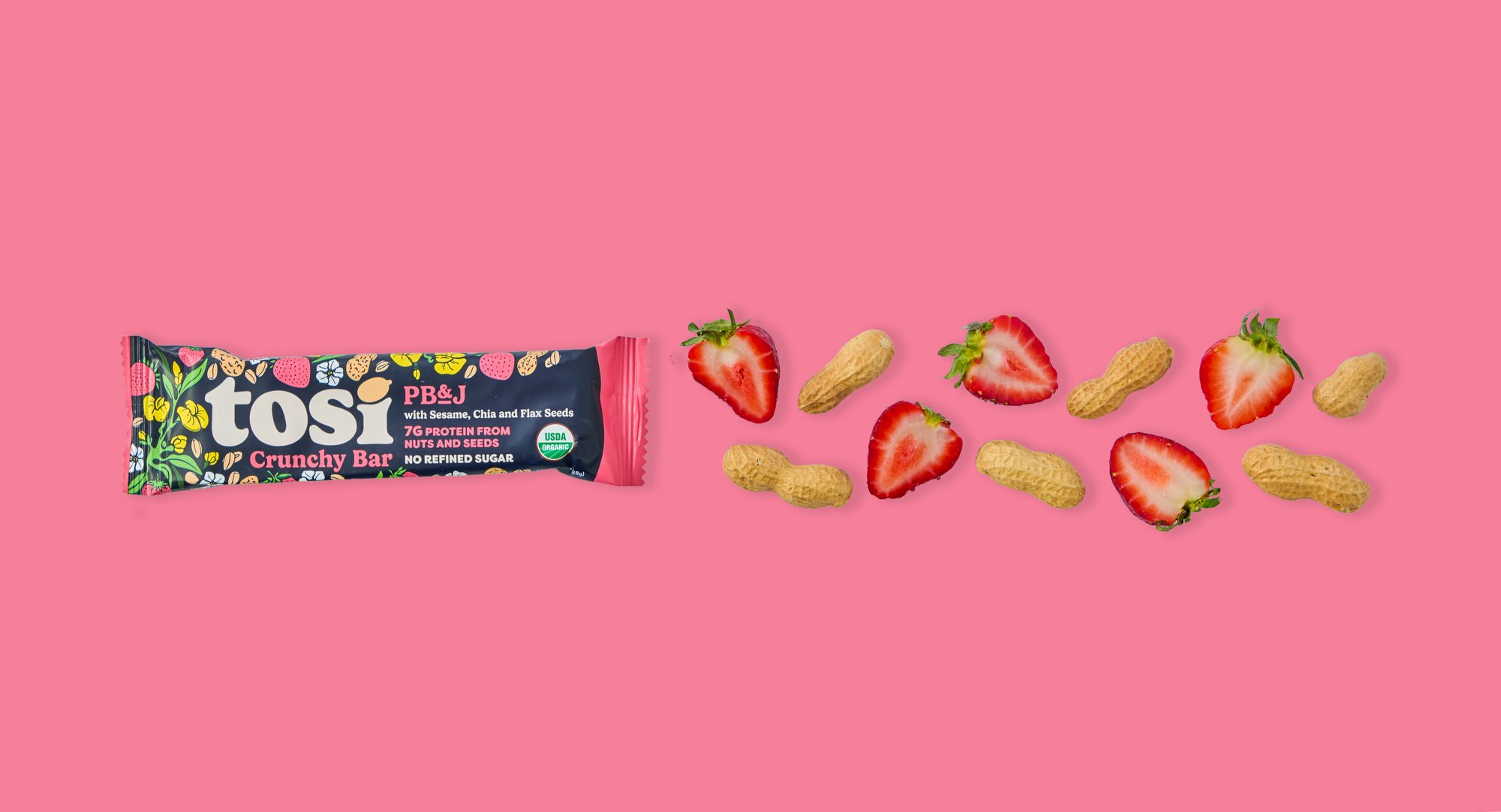 cpg snack bar with creative heart ingredient flow on branded color background