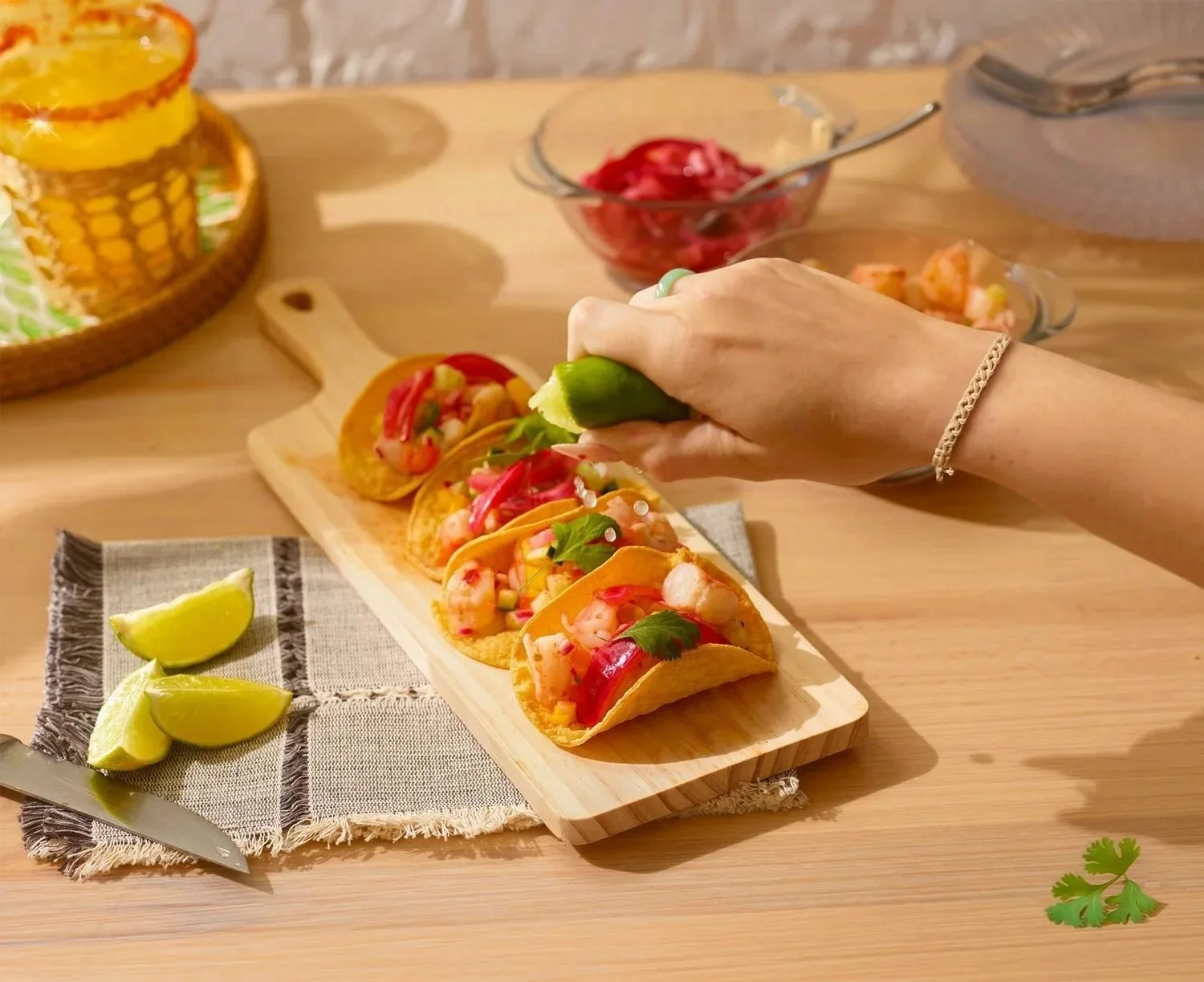 Food styling: tacos with lime squeezed on top