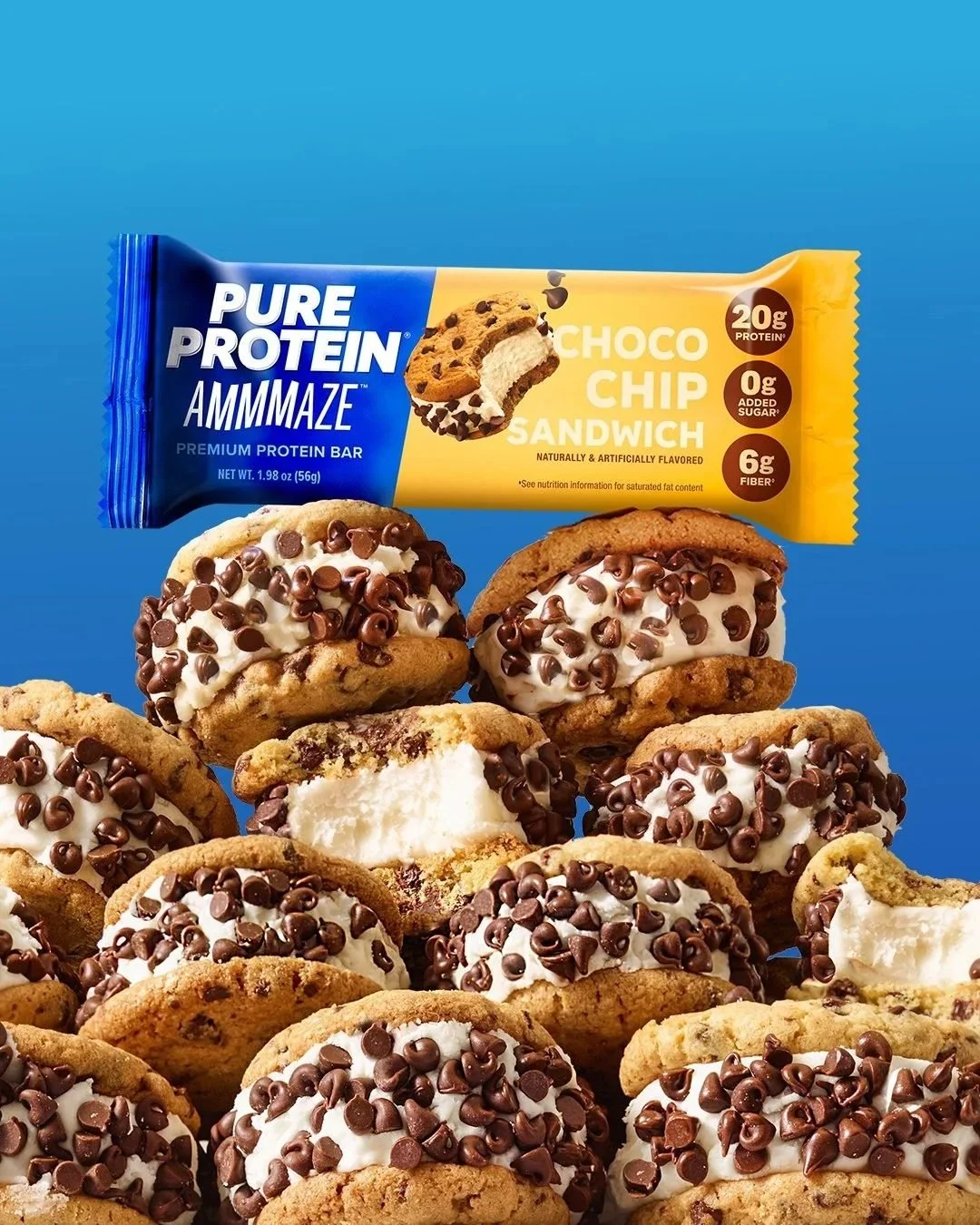 Pure Protein chocolate chip bar with ice cream sandwiches on blue, CPG snack photography