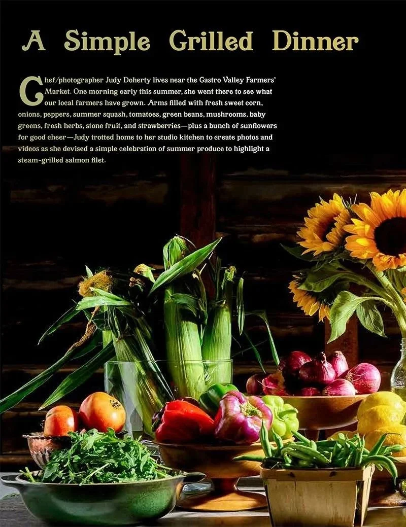 Edible East Bay spread, a simple grilled dinner from the farmers market, left page